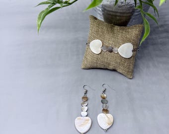 Heart earrings and bracelet set, neutral multi colored