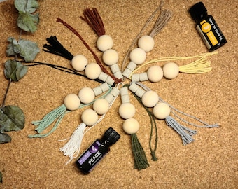 Essential Oil Car Diffuser Featuring Wooden Beads, Lava Beads and a Macrame Tassel