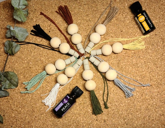 Essential Oil Car Diffuser, Featuring Wooden Beads, Lava Beads and a Macrame Tassel