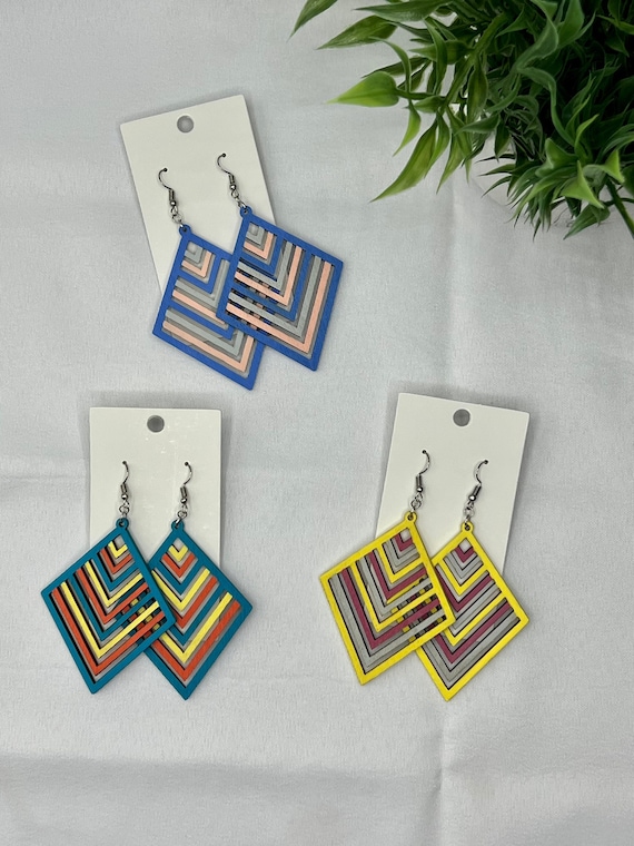 Colorful Wooden Earrings, Multicolored Rhombus Earrings, Blue Wood Earrings, Yellow Wood Earrings, Green Wood Earrings, Geometric Wood