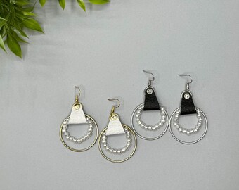 Metal,  Leather and Pearl Statement Earrings