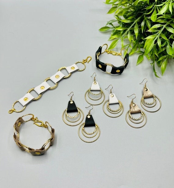Metal Leather Earrings and Bracelets, Leather and Gold Jewelry, Lightweight, Genuine Leather, Hypoallergenic