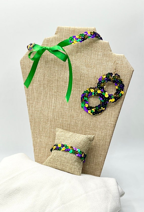 Mardi Gras Sequin Jewelry Set, Ribbon Choker, Magnetic Bracelet, Circle Drop Earrings