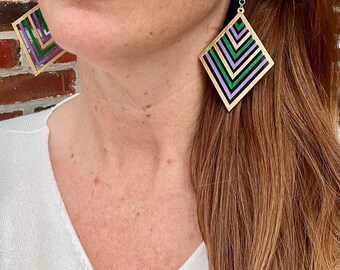 Mardi Gras Wood Rhombus Earrings