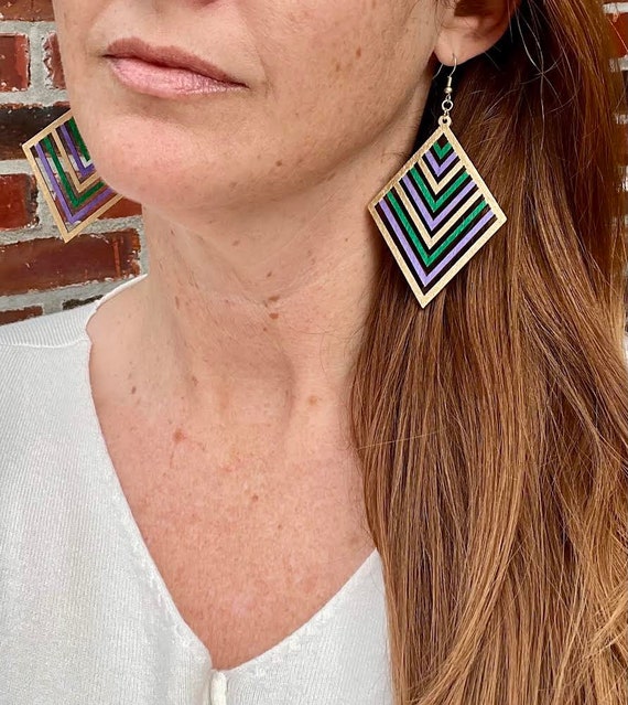 Mardi Gras Wood Rhombus Earrings