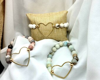Heart Charm Beaded Bracelet: Matte Howlite, Rhodonite, Amazonite