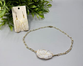 Wire Wrapped White Bead Jewelry Set Including Earrings and Necklace