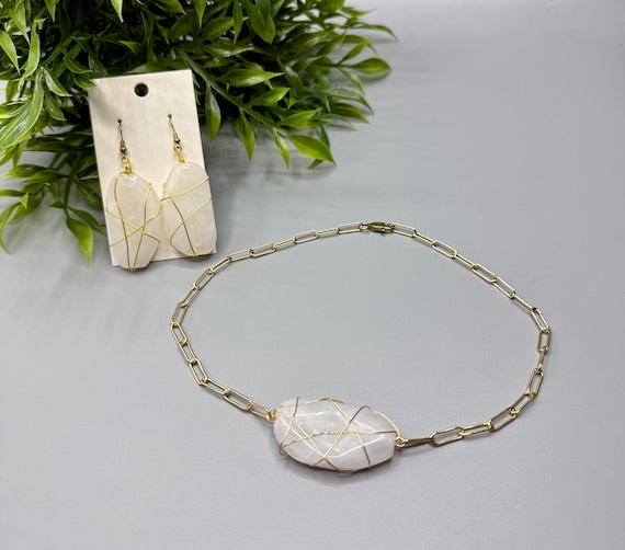 Wire Wrapped White Bead Jewelry Set Including Earrings and Necklace