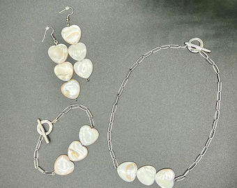Heart ceramic beaded white earrings, necklace, and bracelet