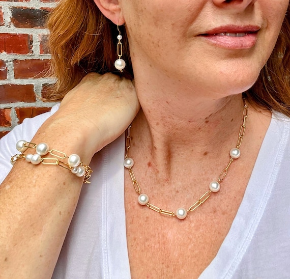 Pearl Necklace, Pearl Bracelet, Pearl Earrings, Gold and Pearl Jewelry, Pearl Jewelry Set