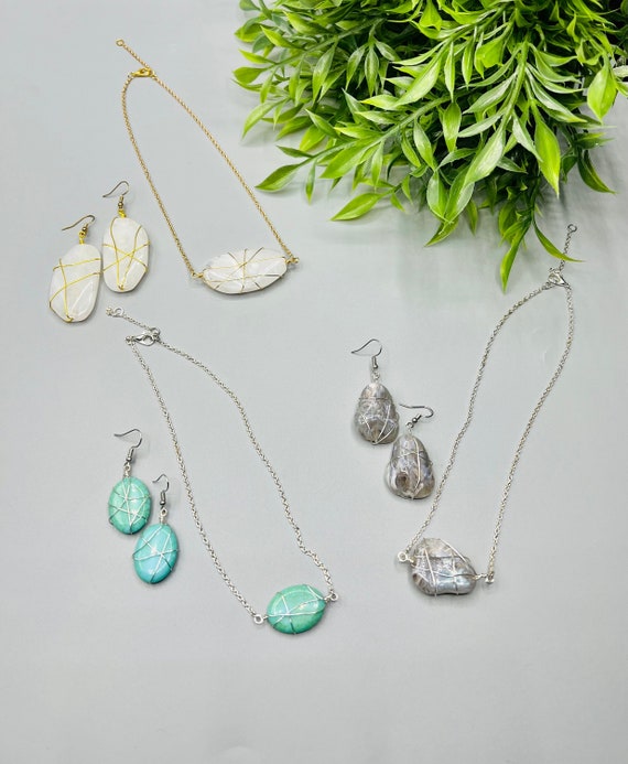 Wire Wrapped Bead Jewelry Set, Bead Earrings, Bead Necklace, Wire Wrapped Earrings, Wire Wrapped Choker Necklace