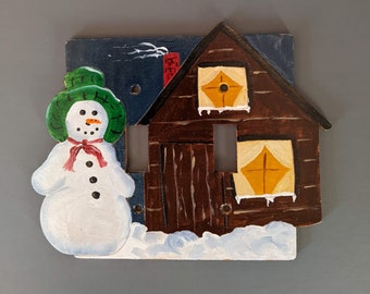 Snowman and Cabin Hand Painted Wooden Double Switch Plate Cover