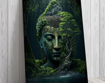 Buddha Green Forest, spirit of nature, wall art, mounted canvas print ready to hang