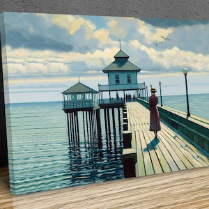 Lady standing on a pier Edward Hopper Style mounted canvas print ready to hang