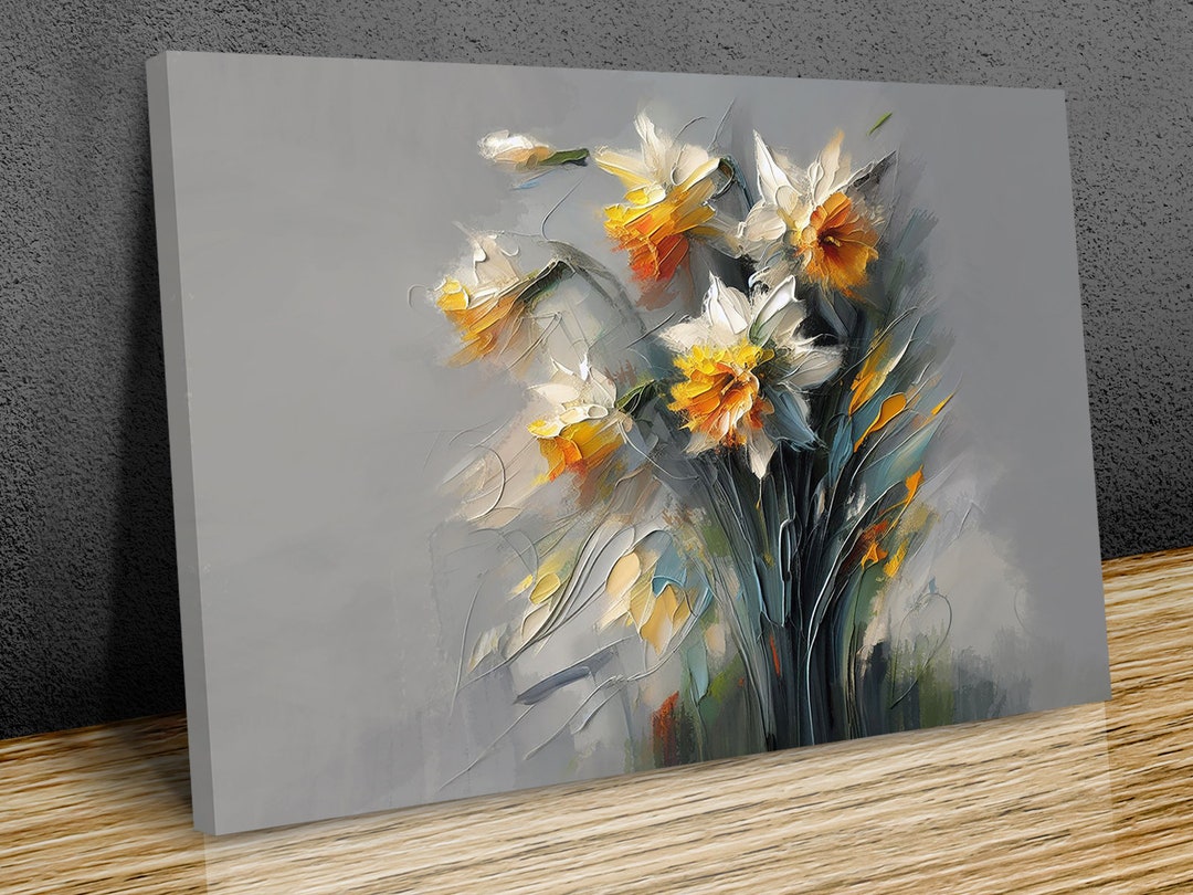 Daffodils Still Life: Abstract Floral Oil Painting, Grey Canvas Print ...