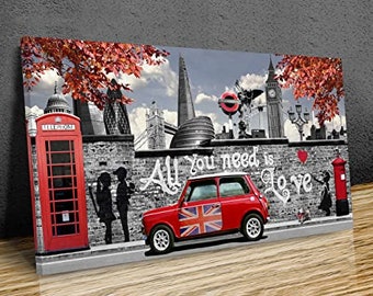 Banksy,London, All you need is love, Graffiti , Big Ben , Mini Cooper, canvas prints framed on bars, wall Art, wall hangins , home decor,