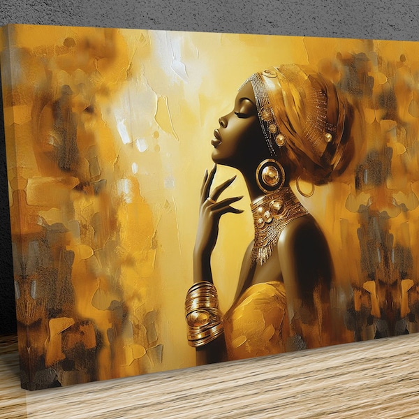 African Portrait Lady Golden Texture wall art canvas prints framed on bars wall art, wall hangings, home décor, canvas print art framed