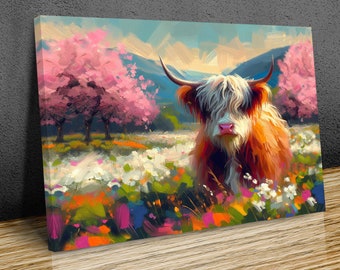Puede incluir: Una pintura de una vaca de las tierras altas de Escocia de pie en un campo de flores rosas y blancas. La vaca es marrón y blanca con pelo largo y peludo. El fondo es un paisaje borroso con montañas azules y un cielo azul brillante.