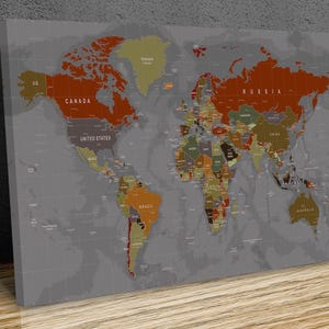 World map Multi Coloured, Variations, Grey background detailed wall art, wall hangings, home decor, mounted canvas print ready to hang