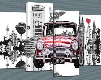 London Mix/Balloon Girl/mini cooper/set of 4 new split canvas prints.