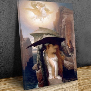 May include: A painting depicting a woman standing on a cliff with a large, dark winged creature behind her. The woman is wearing a white dress and has long, flowing red hair. The creature has a large, reptilian head and wings that are spread out behind her. In the background, a winged figure is flying away from the scene.