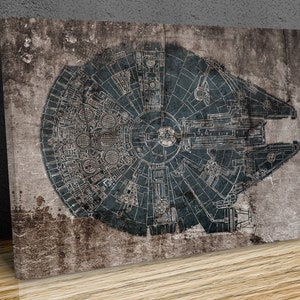 May include: A blue and white blueprint style illustration of the Millennium Falcon spaceship on a distressed, brown background.