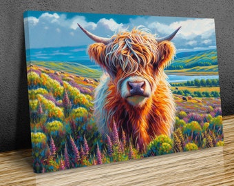 Puede incluir: Una pintura de una vaca de las tierras altas con pelo largo y peludo, de pie en un campo de flores silvestres moradas y amarillas. La vaca tiene un pelaje suave, marrón y blanco y una expresión suave.