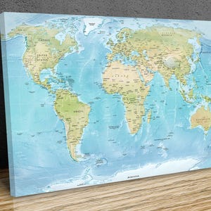 May include: A detailed world map with a blue ocean background and green landmasses. The map shows the continents of North America, South America, Europe, Asia, Africa, Australia, and Antarctica. The map includes country borders and major cities.