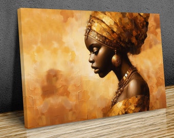 May include: A painting of a woman with dark skin wearing a gold head wrap and jewelry. The background is a warm, abstract pattern of gold and brown.
