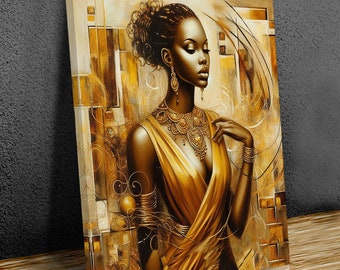 May include: A painting of a woman with dark skin wearing a gold dress and jewelry. The background is a mix of gold and brown abstract shapes.