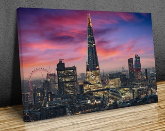 The illuminated skyline of London, United Kingdom, during an intense sunset, wall hangins , home decor, canvas print art framed