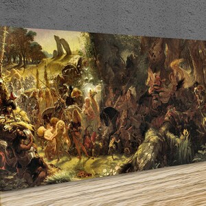 May include: A painting depicting a procession of people and creatures through a forest. The scene is filled with vibrant colours, including greens, browns, and golds. The figures are dressed in various costumes and carry banners and flags. The painting is set against a backdrop of trees and a distant landscape.