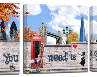 London Banksy Collage/All you need is love set of 3 mounted canvas prints ready to hang