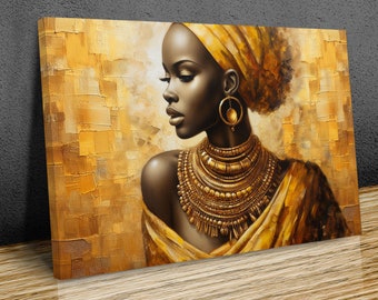 May include: A painting of a woman with dark skin wearing a yellow head wrap and a gold necklace. The background is a textured gold color.