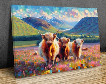 May include: Three Highland cows stand in a field of purple and pink wildflowers. The cows are brown and white with long, shaggy hair. The background is a colorful landscape with rolling hills and a blue sky.
