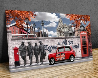Banksy, Liverpool, All you need is love, Graffiti, Mini Cooper, wall Art, wall hangins, mounted canvas print ready to hang