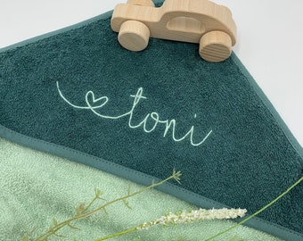 Hooded towel with name, pine, mint, personalized, heart writing, 80x80