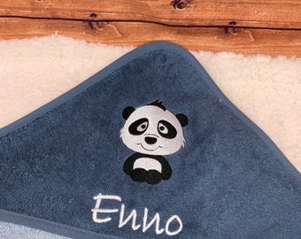 Hooded towel named Panda, smoky blue personalized