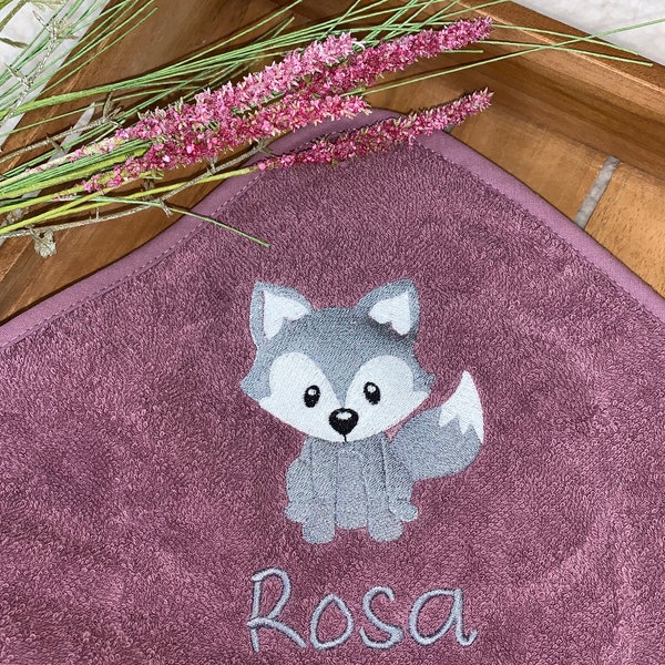 Hooded towel with name mauve, little wolf, personalized