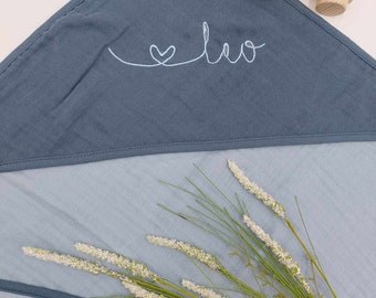 Muslin hooded towel with name, smoky blue, personalized, heart writing, 100x100