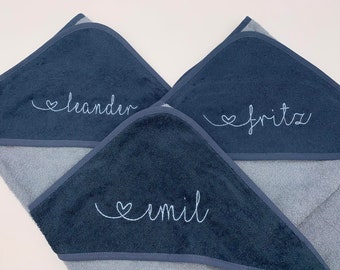 Hooded towel with name smoke blue, personalized, heart writing, 80x80