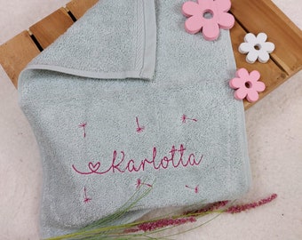 BIO, guest towel, towel with name, personalized, color choice, dandelions, heart lettering