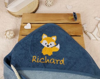 Hooded towel with name smoke blue fox orange, personalized, 100x100