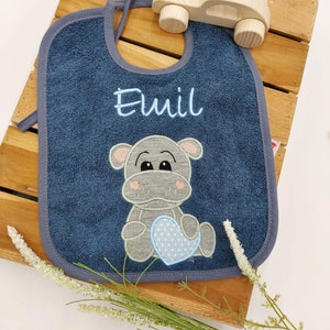 Bib with name, smoky blue with small hippo, personalized, color choice