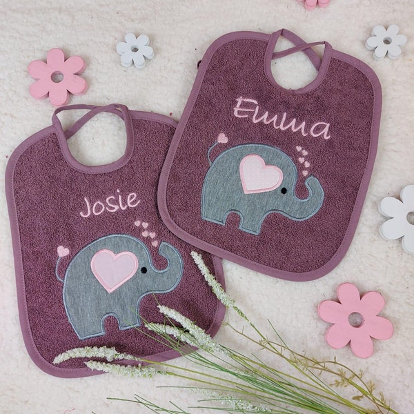 Bib with name, elephant, personalized, berry