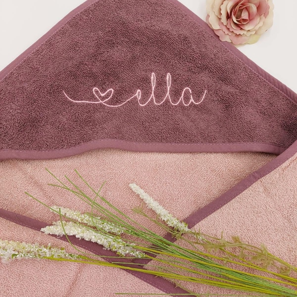 Hooded towel with name, mauve, personalized, heart writing, 80x80