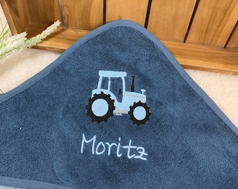 Hooded towel with name smoky blue/light blue, Small tractor, personalized