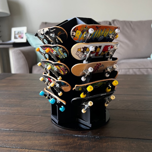 Laser cut Fingerboard rack for Tech Deck and Professional fingerboards with optional spinning base, holds 20