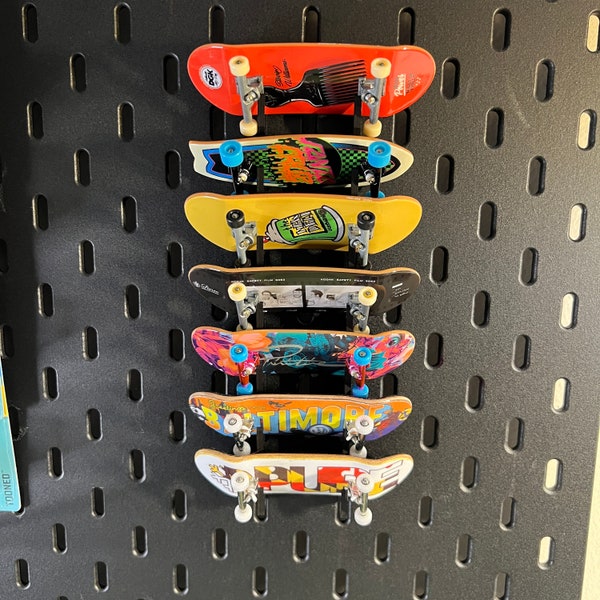 Fingerboard racks for pegboard- Ikea Skadis and Uppspel, Container Store Elfa, standard pegboard.  Tech Deck and professional, LASER CUT