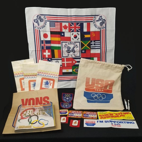 Lot 1984 Los Angeles Olympic Memorabilia Souvenirs Patches Bandana Sports Illustrated McDonald's Food Bags